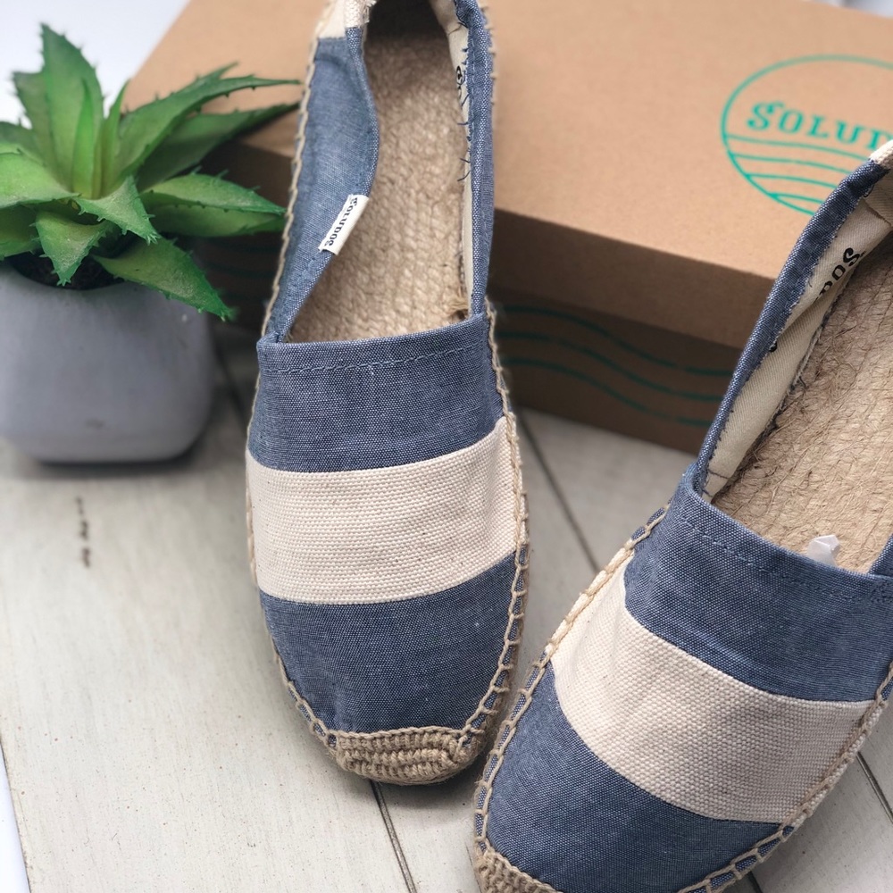 **SOLD Soludos Denim and Beige Striped Espadrilles